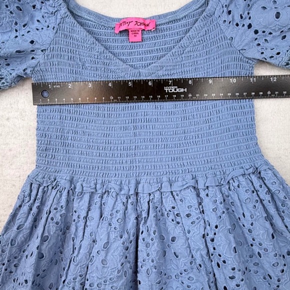 Betsey Johnson Blue Eyelet Smocked Mini Dress Sweetheart Puff Sleeve croquette - Picture 5 of 11